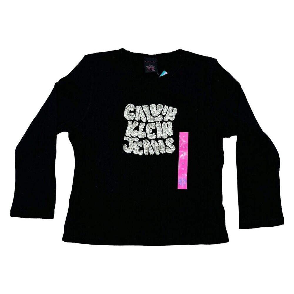 Woman's Calvin Klein Jeans Black Charcoal Silver Beaded Logo Sweatshirt Size XL